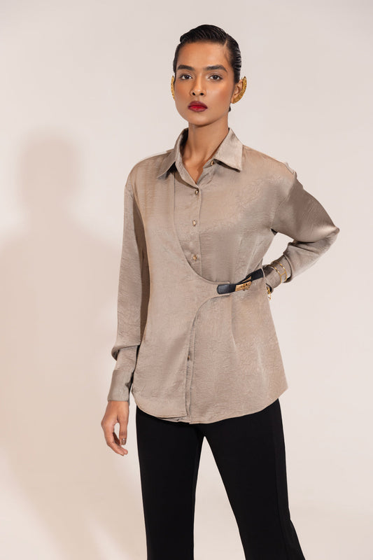 Grey Luxe Crushed Satin Shirt – Belted Waist Corporate Chic Top
