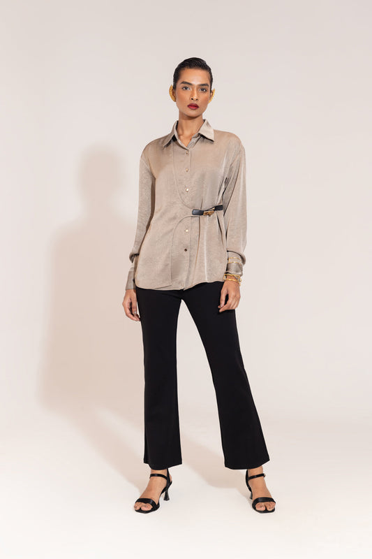Grey Luxe Crushed Satin Shirt – Belted Waist Corporate Chic Top
