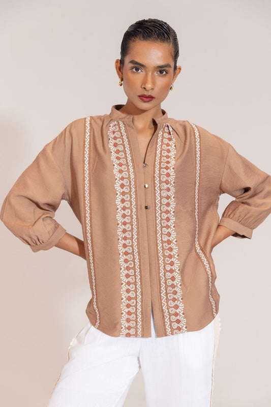 Brown Linen Blend Embroidered Shirt – Stand Collar & 3/4 Sleeves