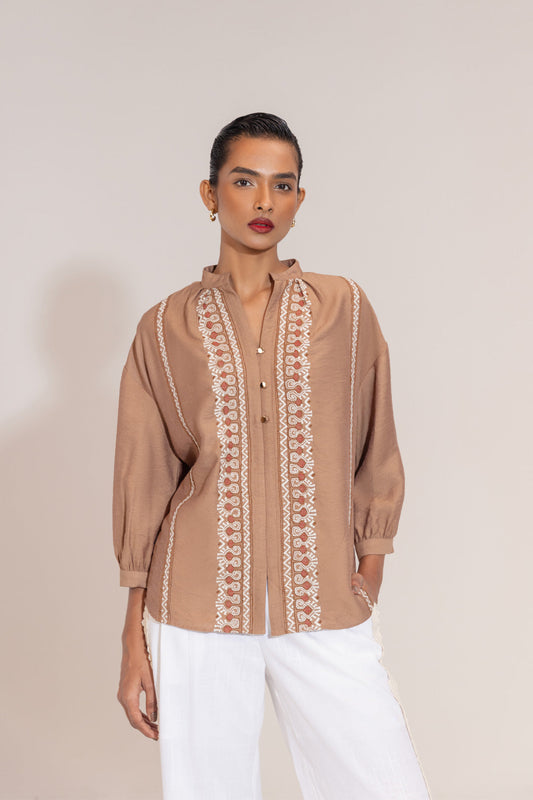Brown Linen Blend Embroidered Shirt – Stand Collar & 3/4 Sleeves