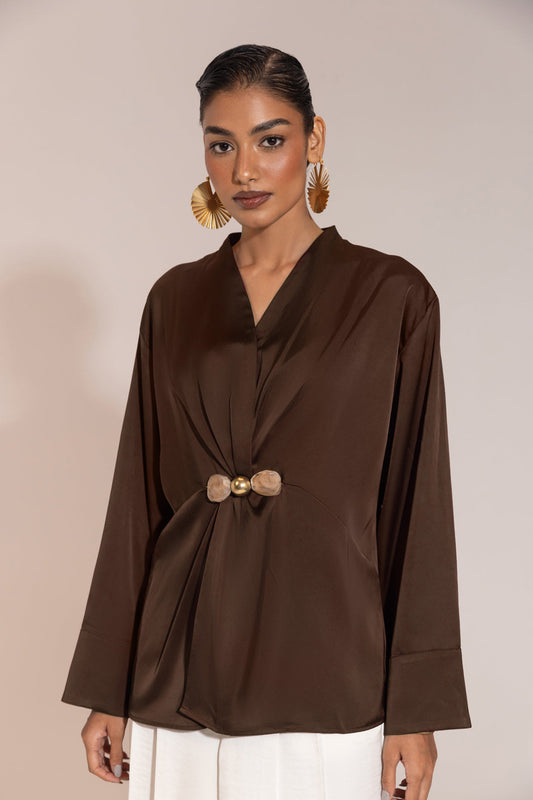 Coffee Brown Satin Drape Top - Thin Premium Dull Satin with Stone-Wood Brooch