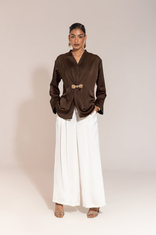 Coffee Brown Satin Drape Top - Thin Premium Dull Satin with Stone-Wood Brooch