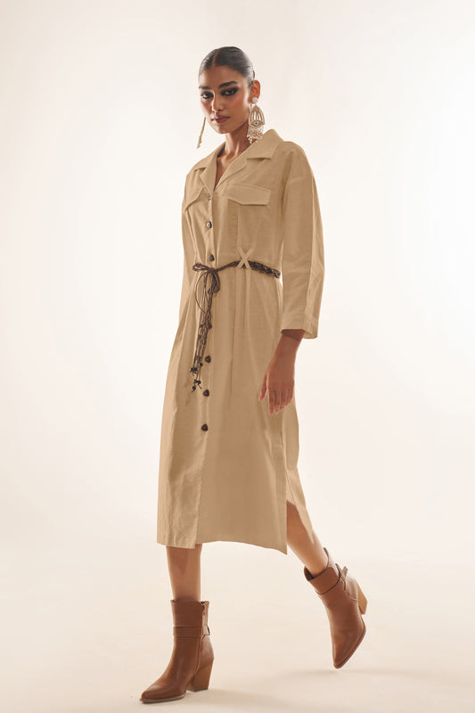 French Beige Utility Dress – Crop-Length Linen Dress with Jute Belt & Pockets
