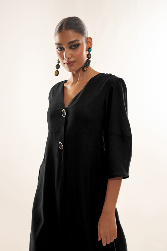 Black Long Midi Dress – Elegant Linen Fabric for Effortless Style