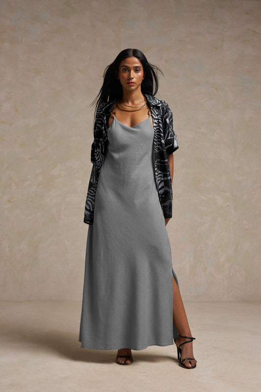 Grey Mist Layered Dress – Linen Spaghetti Strap Dress with Printed Chiffon Shrug