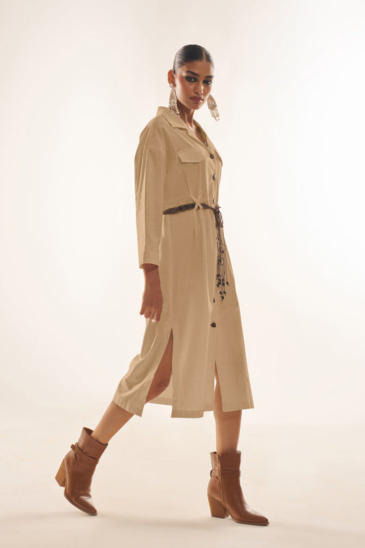 French Beige Utility Dress – Crop-Length Linen Dress with Jute Belt & Pockets