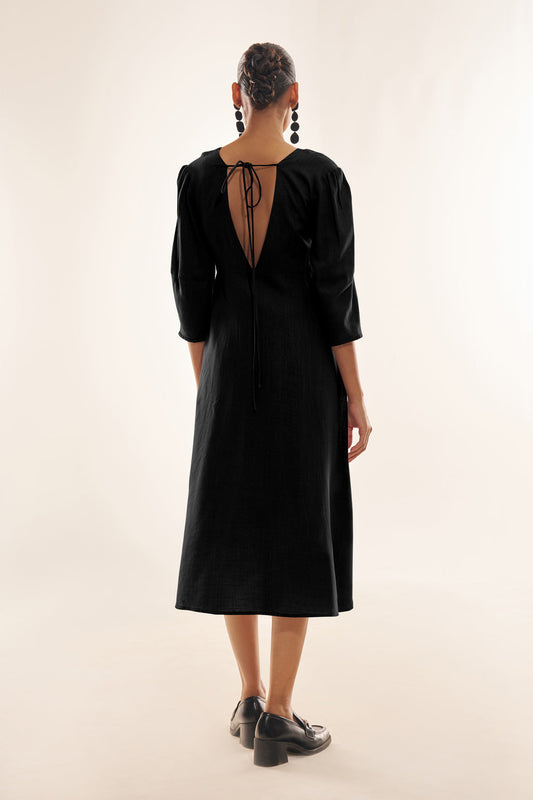 Black Long Midi Dress – Elegant Linen Fabric for Effortless Style