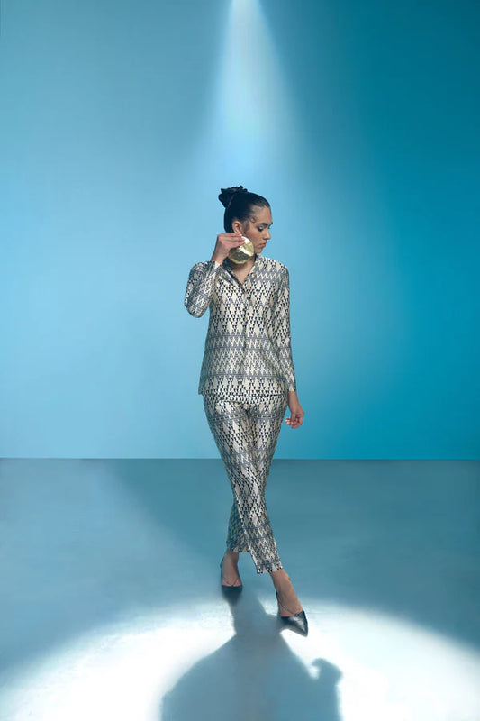 Off White Geometric Print Trouser And Blazer Set