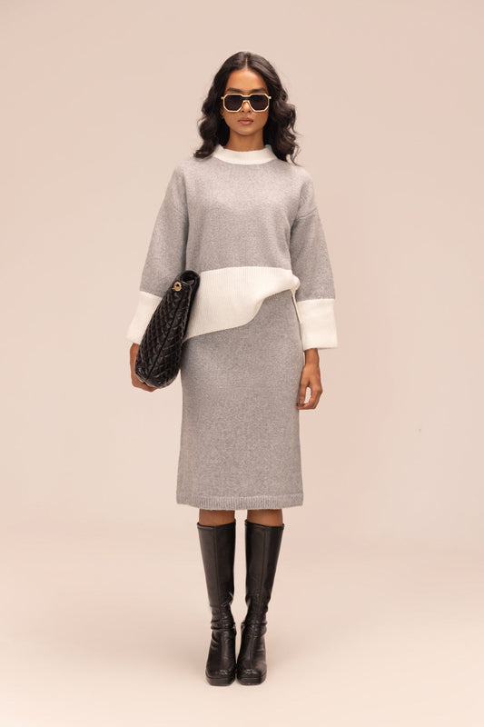 Grey & White Luxe Knit Co-ord Set – High Neck Top with Pencil Skirt