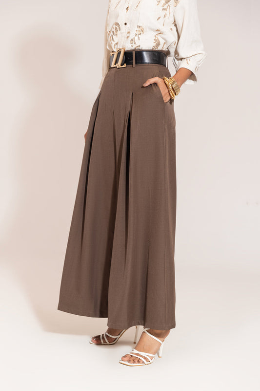 Brown Sheczzar Signature Wide-Leg Pleated Trousers with Logo Buckle Belt