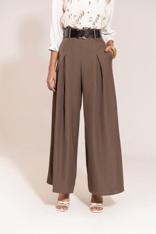 Brown Sheczzar Signature Wide-Leg Pleated Trousers with Logo Buckle Belt