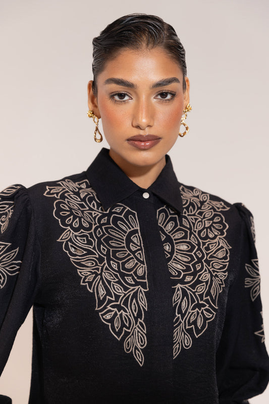 Sheczzar Luxe Black Cutwork Embroidered Shirt with Statement Sleeves