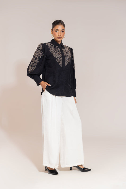 Sheczzar Luxe Black Cutwork Embroidered Shirt with Statement Sleeves